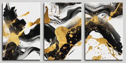Abstract art painting, black and white marble with gold splashes, set of three wall art pieces.