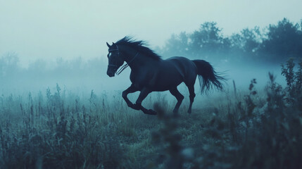 Wild mustang stallion galloping through a foggy field, a beautiful black silhouette