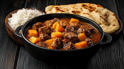 Delicious Spicy Lamb Curry with Potatoes Rice and Naan Bread