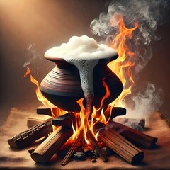 Traditional Clay Pot with Boiling Milk Over an Open Fire