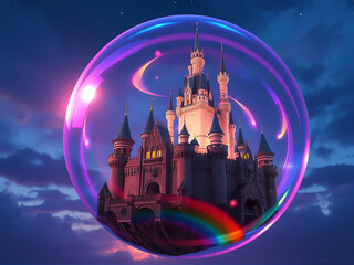 Magical Castle Encased in Colorful Bubble