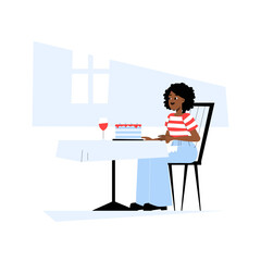 Woman Sitting At Table With Cake And Wine In Flat Vector Illustration Symbolizing Celebration, Dining, And Leisure, Isolated On White Background