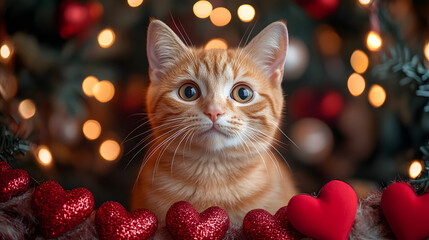 Playful orange tabby kitten leaping towards a pink heart balloon with confetti on a soft pink background, perfect for festive Valentine's Day themes.