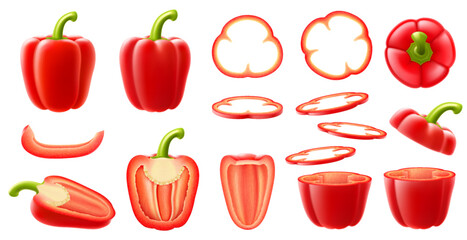 Realistic ripe raw bell pepper vegetable. Whole, half and slices cutted veggie. Isolated 3d vector set of red paprika garden plants, halved and cut veg pieces, circles and stems