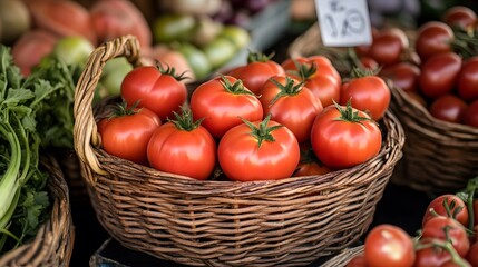 Ripe Red Tomatoes In A Wicker Basket At Market