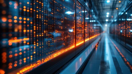 Obraz premium Futuristic Data Center Corridor with Glowing Orange Lights and High-Tech Server Racks Creating a Dynamic and Energizing Atmosphere in a Modern Digital Environment