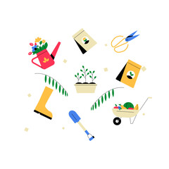 Gardening Tools And Supplies In Flat Vector Illustration Symbolizing Outdoor Gardening, Plant Care, And Horticulture, Isolated On White Background