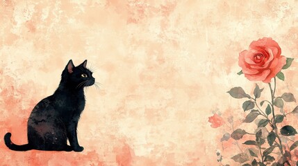 Black Cat Gazing at Red Rose on Soft Textured Background