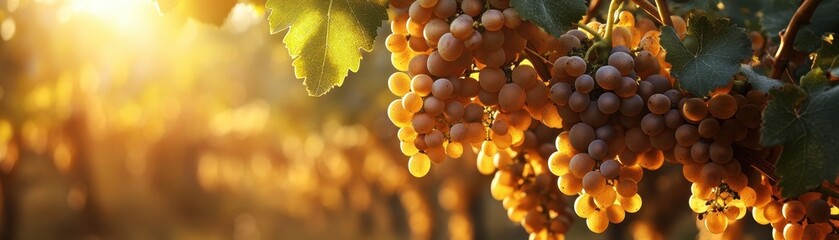 Golden Grapes in Sunlit Vineyard at Sunset with Warm Autumn Colors and Lush Greenery