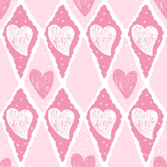 Hearts crayon drawn seamless pattern on rhombus doodle frames. Valentines day repeat background. Love symbols endless backdrop. Surface pattern design romantic date motif. Vector hand drawn cover.