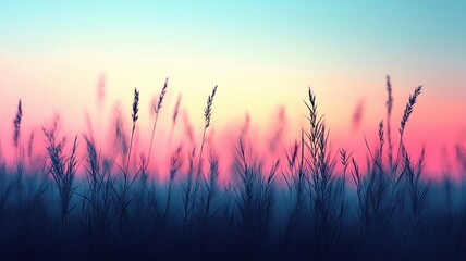 Fototapeta premium Serene Sunset Meadow Silhouetted Grass Blades at Dusk Pink and Blue Sky