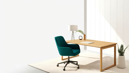 A minimalist workspace featuring a wooden desk, a green chair, and a lamp, set against a light backdrop with a plant, promoting a clean, organized aesthetic.