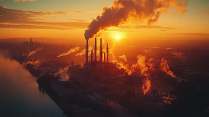 Fototapeta premium Breathtaking Aerial View of Industrial Smoke Stacks Against a Vibrant Sunset Over a River, Capturing the Essence of Urban Industry and Environmental Impact