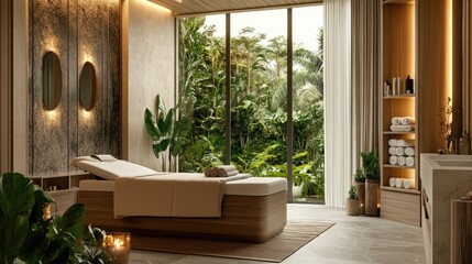 Modern spa interior with a luxurious massage bed and zen-inspired decor.