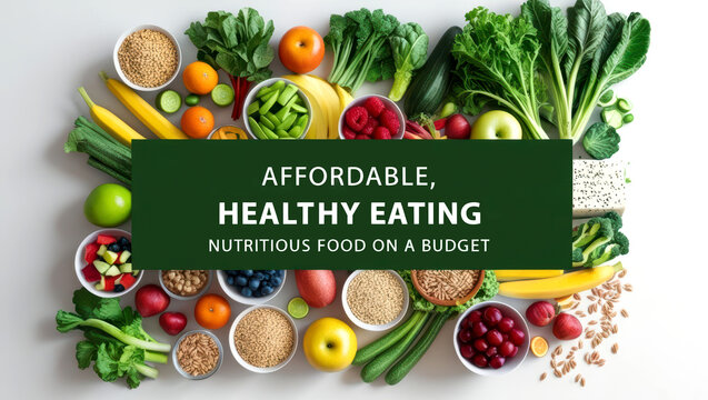 A vibrant spread of fresh fruits, vegetables, and grains showcases affordable, healthy eating options for nutritious meals on a budget.