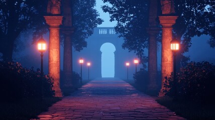 Fototapeta premium Mystical Night Scene Foggy Pathway Archway and Glowing Lamps in a Twilight Garden