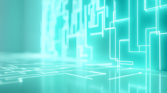 Workflow management concept illustrated by a glowing teal 3D flowchart with subtle gridlines and node connections