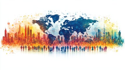 Vibrant Watercolor World Map with Diverse Silhouetted Figures Against a City Skyline, Representing Global Community and Connection