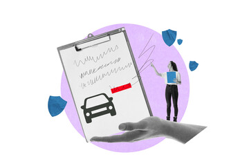 Modern artwork. Insurance form featuring car and handwritten details with woman explaining...