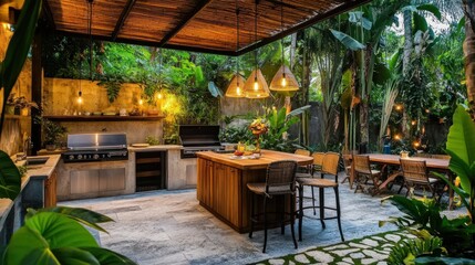 Obraz premium Luxury Outdoor Kitchen Oasis: Tropical Garden Paradise