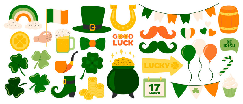 St. Patrick's day stickers set. Ireland holiday lucky item, fortune symbols, luck shamrock, rainbow, pot gold coin, clover, horseshoe, beer party. Flat Vector illustration isolated on white background