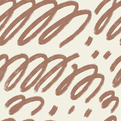 Curved lines seamless pattern. Squiggle grunge stroke endless background. Wavy brown brush ink shapes repeat cover. Modern continuous ornament. Confetti vector hand drawn motif.