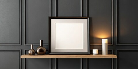Frame mockup on shelf with modern decor and dramatic lighting