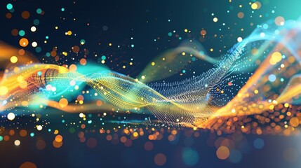 Obraz premium Colorful abstract waves with glowing particles create dynamic visual effect, evoking sense of movement and energy in digital space