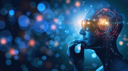 Futuristic digital portrait of man with sunglasses, showcasing glowing, abstract brain design and vibrant bokeh lights in background, evoking sense of innovation and technology