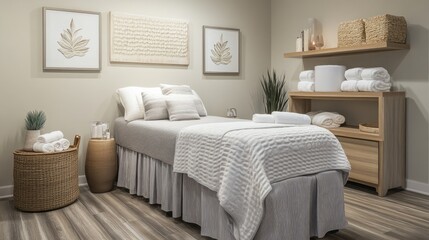 Professional massage bed setup with spa-themed decor and soft pillows.
