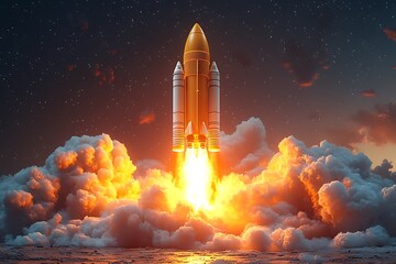 Rocket launching into space with fiery exhaust whit air background.