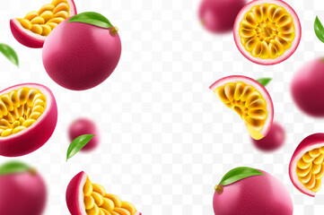 Flying ripe passion fruit. Bright advertising background falling juicy passion fruit, realistic illustration with blurred effect. 3d vector design for advertising banners and web page design