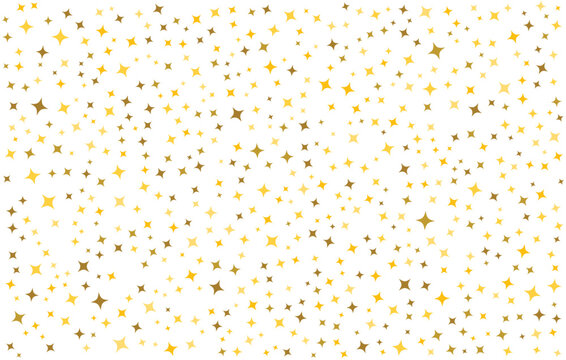 Abstract gold star pattern on a transparent background. Yellow, orange and golden star wallpaper. Golden star glitter. Texture of gold foil