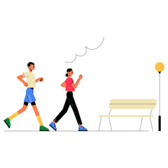 Morning Run In A Park In Flat Vector Illustration Symbolizing Fitness, Health, And Active Lifestyle, Isolated On White Background