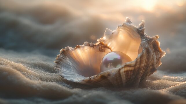 Iridescent pearl nestled in seashell on sandy beach at sunset.