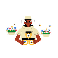 Female Beekeeper Holding Honey Jars In Flat Vector Illustration Symbolizing Sustainable Farming And Honey Production, Isolated On White Background.