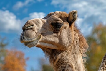Portrait of a dromedary camel standing outdoors with a blurred background