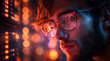 Futuristic IT Support Technician Troubleshooting Holographic Servers and Glowing Networks