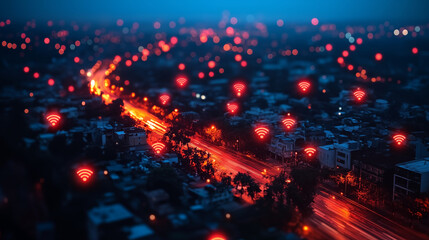 Wifi symbols floating over night cityscape, digital connectivity concept