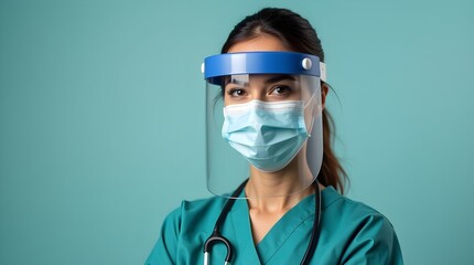 A female doctor wearing a surgical mask and uniform with a stethoscope in a hospital 