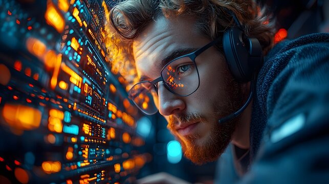 Futuristic IT Support Technician Troubleshooting Holographic Network Systems in a Digital Business Service Environment