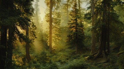 Obraz premium Golden Hour in the Redwood Forest: A Mystical Sunrise