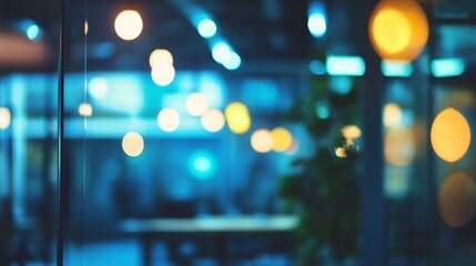 at night beautiful Abstract blurred office interior room. blurry working space with defocused effect