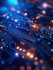 Obraz premium A vibrant close-up of a circuit board, showcasing intricate pathways and glowing lights in blue and orange hues, symbolizing technology and innovation.