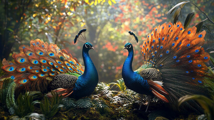 Two Beautiful Peacocks in a Pristine Garden One Proudly