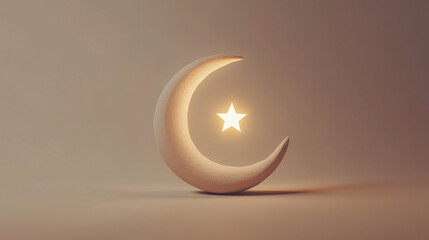 A moon and star glowing 3d on soft gold background for islamic islam new year muharram hijriah ramadan calendar