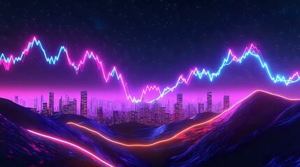 A vibrant neon financial chart showing market changes set over a futuristic cityscape glowing under a crisp, starry night