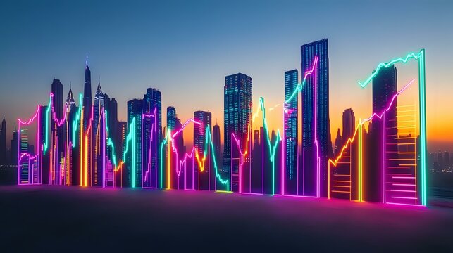 A futuristic cityscape with vibrant neon financial charts depicting economic trends, illuminated under a glowing horizon at dusk