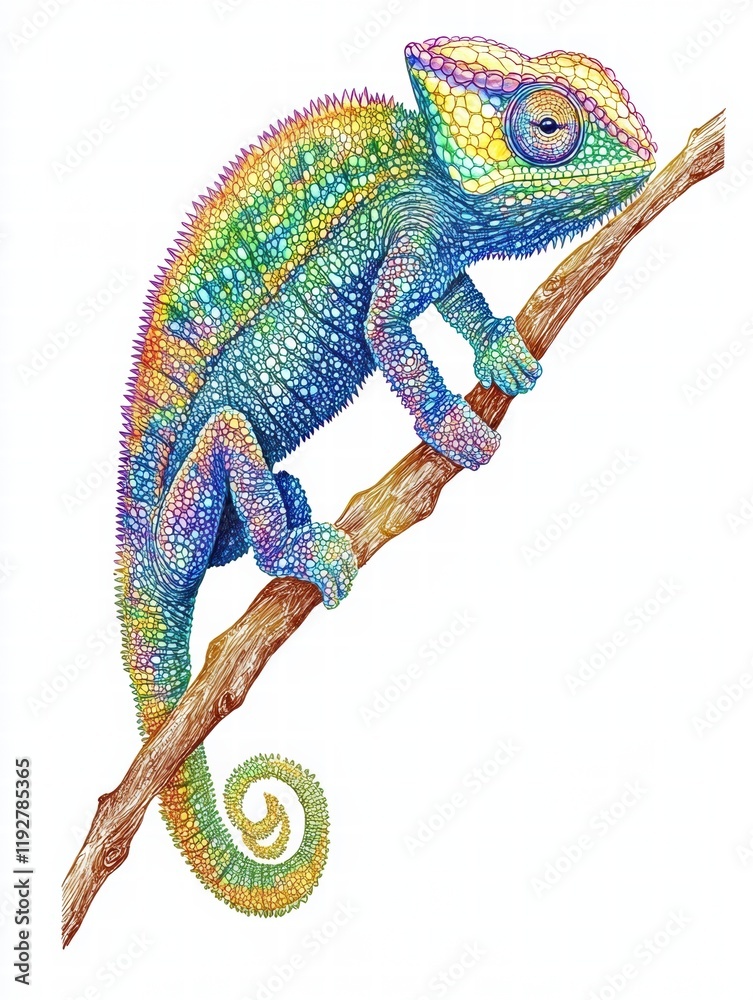 Leinwandbilder colorful chameleon perched on a branch in a vibrant illustration showcasing its unique patterns and 