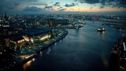 Naklejka premium A stunning twilight cityscape featuring a river, illuminated buildings, and softly glowing reflections on the water, showcasing urban beauty and serenity.